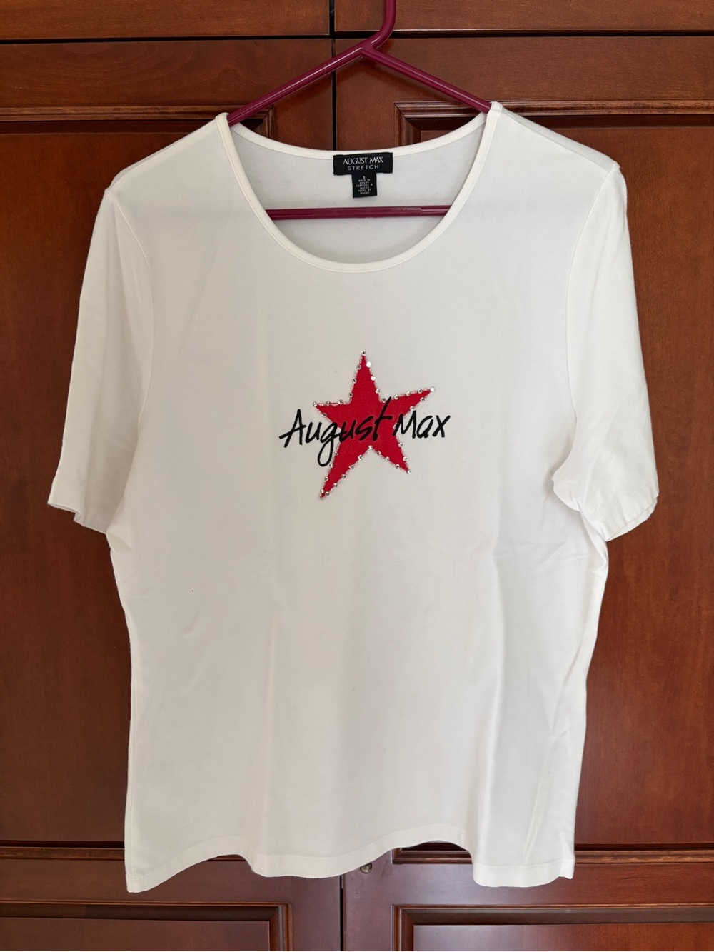 August Max Stretch Crewneck White Shirt with Star Logo - 1980s
